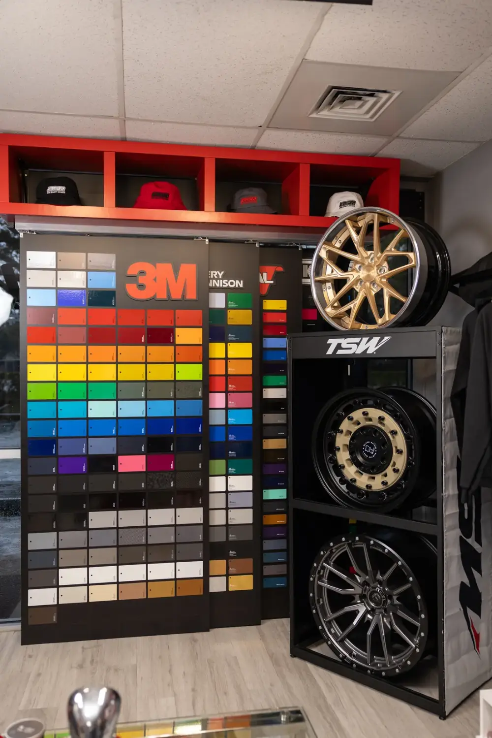 Wrap color samples and wheel displays in the Big Shot Rides showroom, Coconut Creek FL
