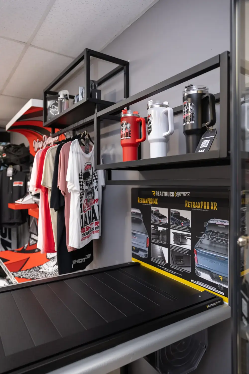 Retrax tonneau display and BSR gear in the Big Shot Rides showroom