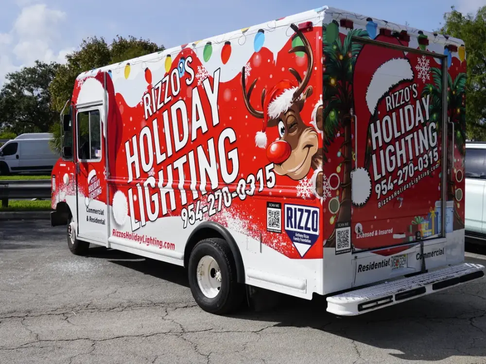 Rizzo’s Holiday Lighting box truck wrap designed and installed by Big Shot Rides