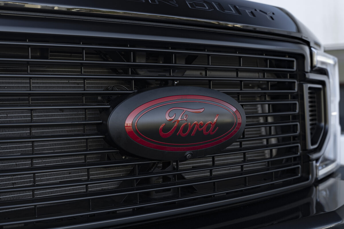 Ford F450 chrome delete grille emblem detail at Big Shot Rides Coconut Creek FL