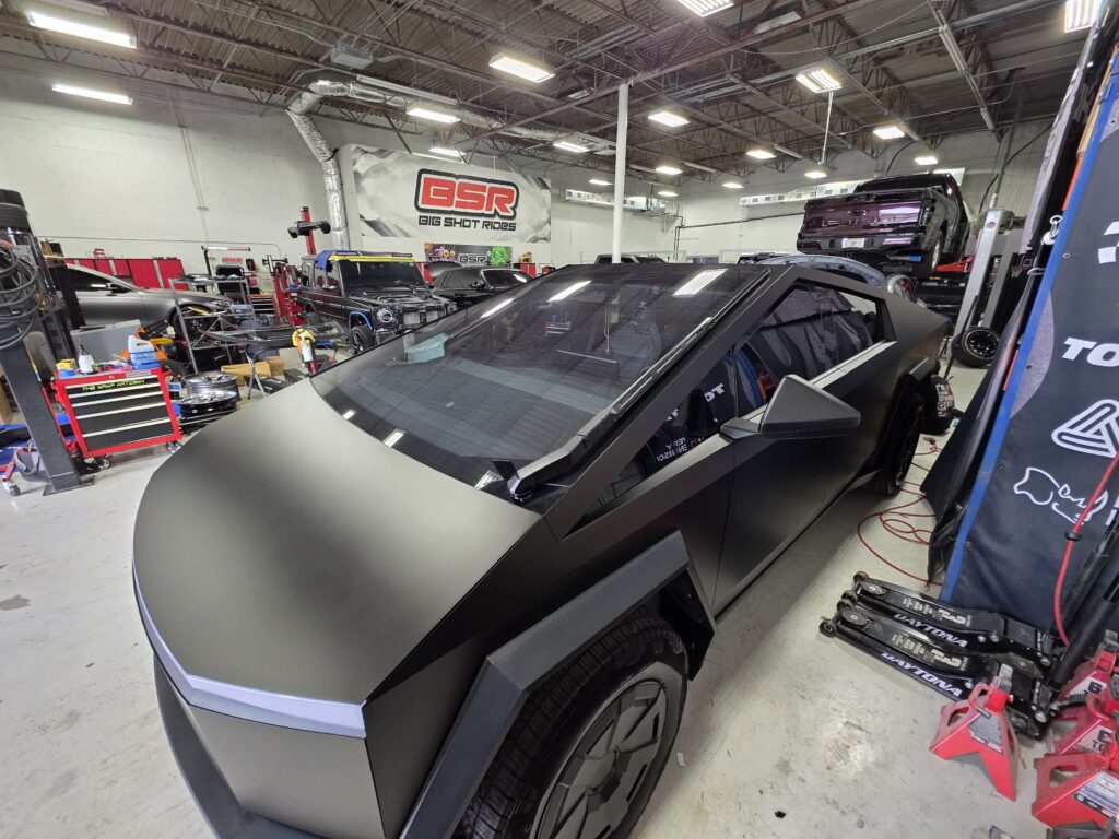 Matte black Tesla Cybertruck finished with a ceramic coating at Big Shot Rides in Coconut Creek, Florida