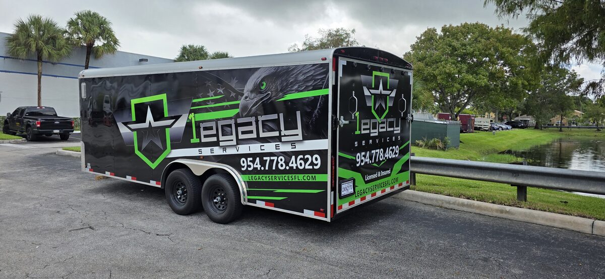 Enclosed cargo trailer with a full commercial wrap by Big Shot Rides, Coconut Creek FL
